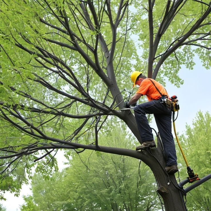 An arborist performing high branch cuts in a healthy green tree, demonstrating professional techniques related to small tree trimming cost.